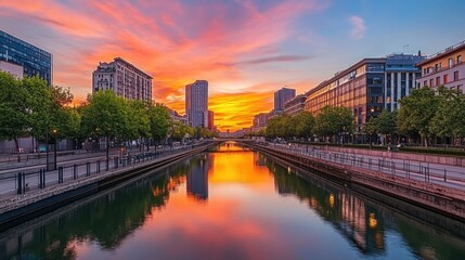 Stunning Sunset over Canal in City