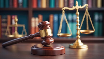 Legal office of attorneys, justice and law theme featuring a judge's gavel or hammer along with a base situated on a desk in a courtroom, with a blurred scale of justice, bookshelf, and hourglass i...
