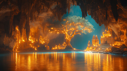 Obraz premium Illuminated Cave Temple Lake, Thailand, Night