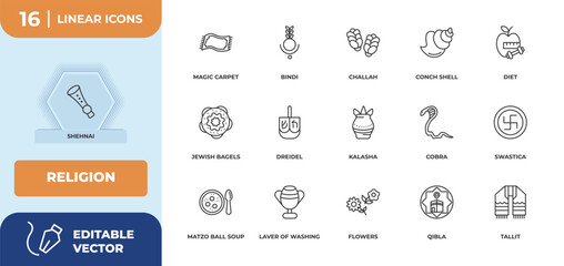 outline icons set - religion concept. shehnai, magic carpet and more.