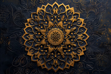 Elegant golden mandala on deep black background, featuring intricate floral patterns and royal symmetry.