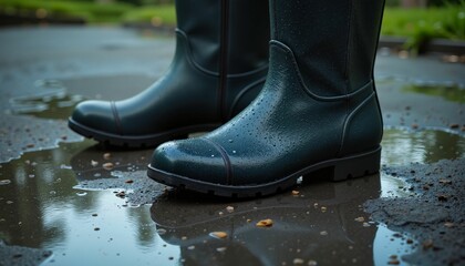 Wet green rubber boots in puddle on rainy day
