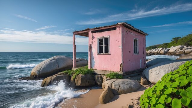 Ruins of a small cottage on the rocky shore