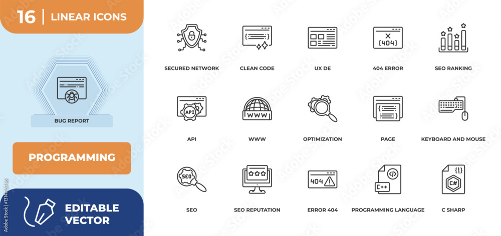 Poster outline icons set - programming concept. bug report, secured network and more.