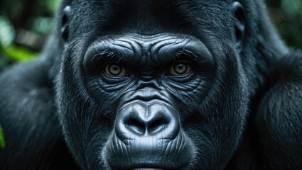 Naklejka premium A close-up image of the face of a large black-furred female gorilla. Gorillas are herbivorous primates and the largest living apes.