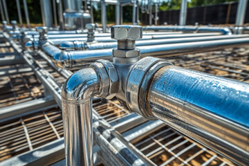 Focused view of a stainless steel piping system highlighting the intricate connections and structure at a construction site during daylight hours