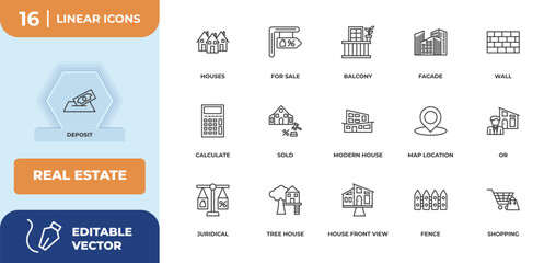 outline icons set - real estate concept. deposit, houses and more.