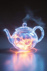 Glass teapot with glowing liquid steam creating magical effect