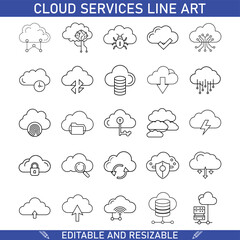 Cloud Computing Services Line Art Icons, Editable, Resizable, Network