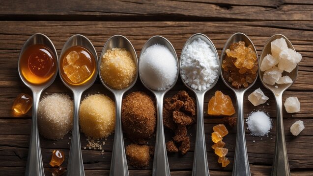 Seven teaspoons of different types of sugar pouring onto a wooden surface.
