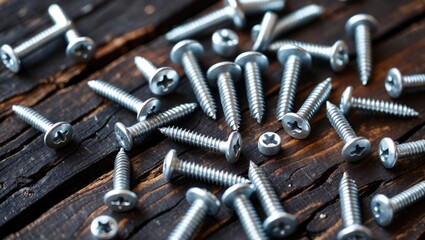 Close-up of screws on wooden background