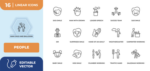 outline icons set - people concept. man child and balloons, sick smile and more.