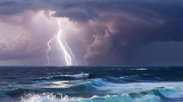 Dramatic ocean storm unleashes powerful lightning strikes over turbulent waves amidst dark thunderclouds