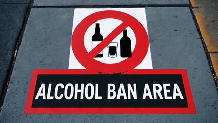 Fototapeta premium Prohibition sign for public drinking in an alcohol ban area painted on the concrete surface of the sidewalk.