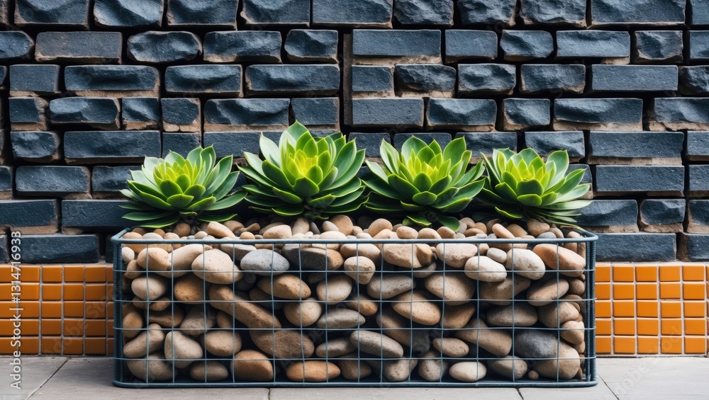 Aufkleber A decorative setup of plants in a wire frame planter placed against a textured brick wall, emphasizing modern design and the integration of nature in urban environments.