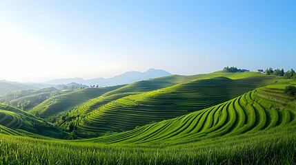 Fototapeta premium Lush Green Terraced Rice Paddies Bathed In Morning Sunlight In A Mountain Valley Landscape