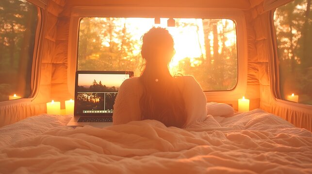 Relaxing evening retreat camper van lifestyle photography nature setting cozy view serenity concept