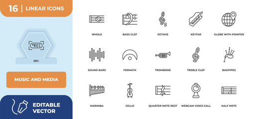 Naklejka premium outline icons set - music and media concept. rec, whole and more.