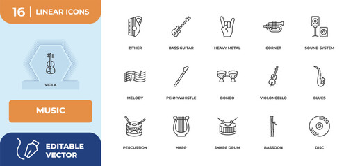 outline icons set - music concept. viola, zither and more.