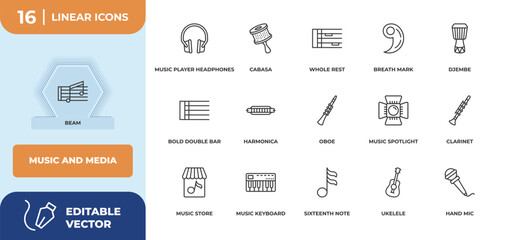 outline icons set - music and media concept. beam, music player headphones and more.