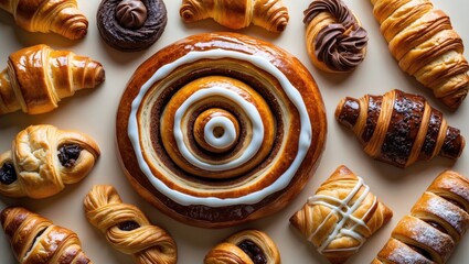 Fototapeta premium assorted freshly baked pastries, overhead view