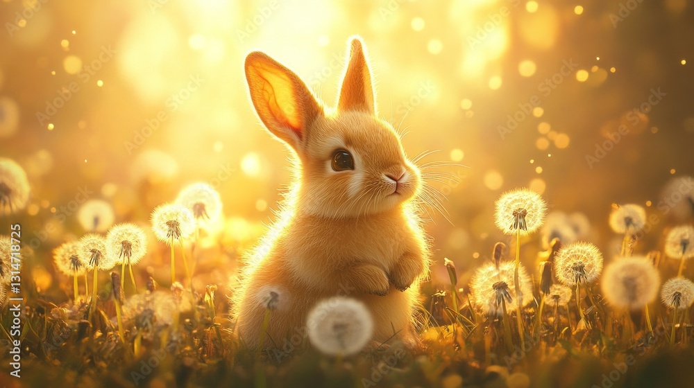 Poster a charming bunny stands in a lush field, surrounded by fluffy dandelions illuminated by the warm glo