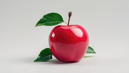 Ripe red apple with green leaf set against a white background.