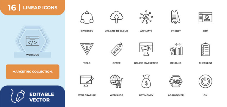 outline icons set - marketing collection. concept. webcode, diversify and more.