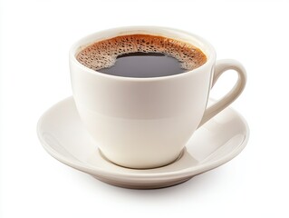 Fototapeta premium Aromatic dark coffee in white cup on saucer against clean background studio shot for morning energy