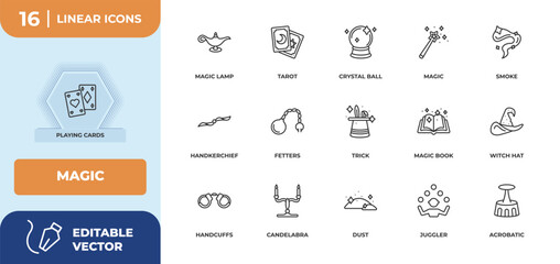 outline icons set - magic concept. playing cards, magic lamp and more.