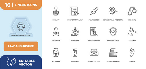 Naklejka premium outline icons set - law and justice concept. qualified protection, convict and more.