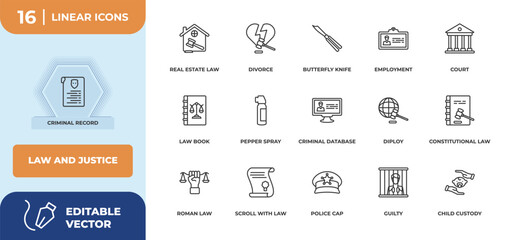 outline icons set - law and justice concept. criminal record, real estate law and more.
