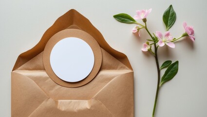 Round blank sticker mockup featuring a circle tag design on a kraft paper gift bag, adhesive thank you card, round product label, and pink flowers.
