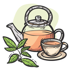 Hand-Drawn Tea Set Illustration – Teapot, Teacup, and Green Leaves