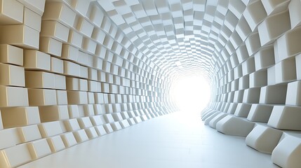 Abstract white blocks tunnel, bright light at end. Futuristic backdrop. Concept