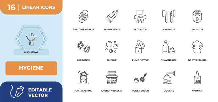 outline icons set - hygiene concept. washbowl, sanitary napkin and more.