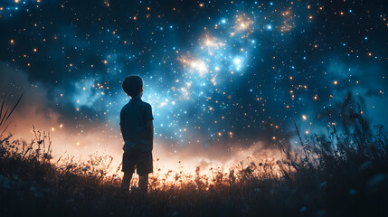 Obraz premium Illustration of a boy looking at night starry sky with glitter glow galaxy flicker above, idea for prayer of hope, love, peace theme,