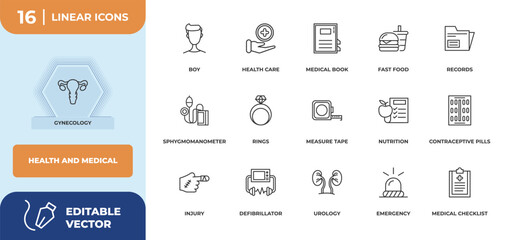 outline icons set - health and medical concept. gynecology, boy and more.