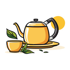 Hand-Drawn Tea Set Illustration – Teapot, Teacup, and Green Leaves