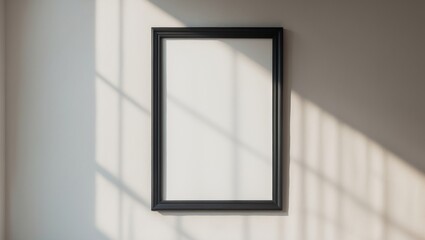 Artistic mockup design. Vertical black picture frames positioned against a wall background illuminated by sunlight. Home poster display, minimalistic style, devoid of people. Concept of an elegant ...