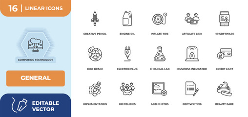 outline icons set - general concept. computing technology, creative pencil rocket and more.