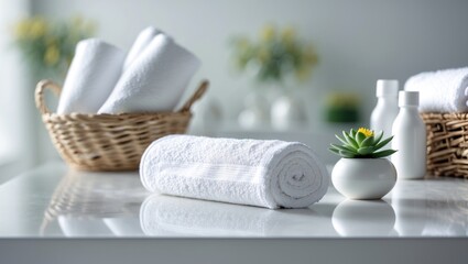 Roll of white towels on a white table with blurred background space.