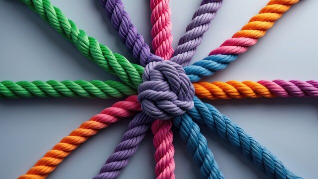 Central network connection business concept represented by a diverse array of ropes tied to a central rope, symbolizing connectivity and linking to a centralized support system.