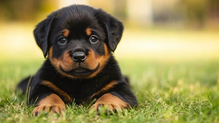 Fototapeta premium Adorable Rottweiler puppy playing in natural landscape