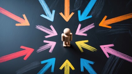 Arrows directing toward a figure. Customer centricity and focus.