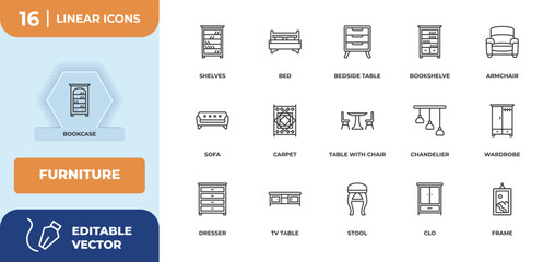 Naklejka premium outline icons set - furniture concept. bookcase, shelves and more.