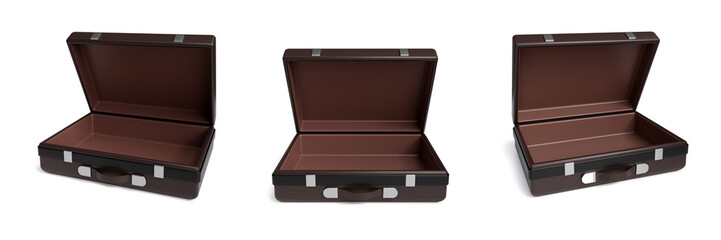open brown vintage old travel suitcase isolated on white background, Brown briefcase with belts. Travel baggage and luggage. Holiday or vacation transportation. 3d render
