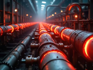 Fototapeta premium Glowing red-hot steam pipeline in industrial factory