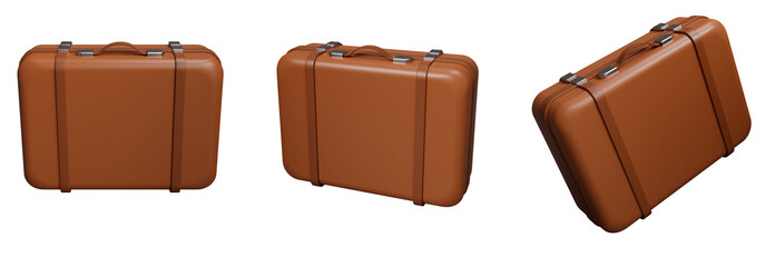 brown vintage old travel suitcase isolated on white background, Brown briefcase with belts. Travel baggage and luggage. Holiday or vacation transportation. 3d render
