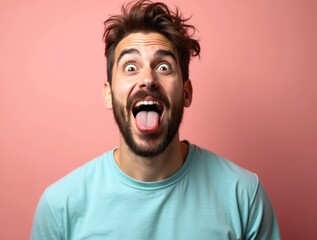 Man sticking out tongue making a goofy expression on pink background